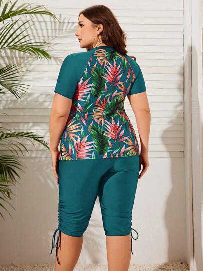 Swim Lushoire 2 قطعة ملابس علوية قصيرة الأكمام مطبوعة عشوائيا وشورت بيكيني ملابس سباحة لحجم كبير للنساء، إطلالة صيفية عشوائية