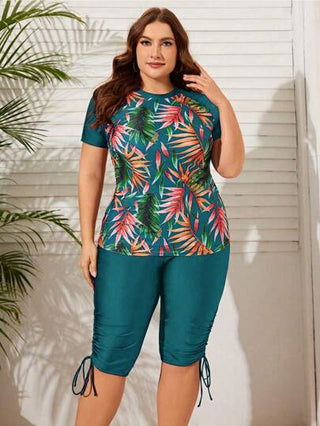 Swim Lushoire 2 قطعة ملابس علوية قصيرة الأكمام مطبوعة عشوائيا وشورت بيكيني ملابس سباحة لحجم كبير للنساء، إطلالة صيفية عشوائية