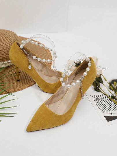 زوج من سلاسل الكعب العالي الفرنسي الفضي مع اللؤلؤ، سلسلة إبزيم لؤلؤ قابلة للفصل كديكور للأحذية النسائية ذات الكعب العالي