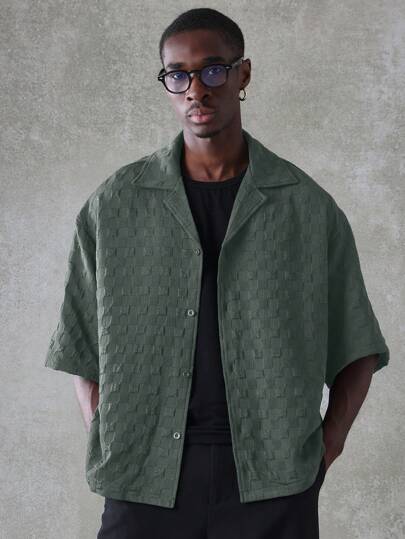 SUMWON قميص قصير الأكمام بطراز طوق كمبينج ذي طبعة مُكبَّر، طراز طوق قصير عادي، ملابس صيفية، رحلات استجمام وعطلات منتجع،خفيف الوزن