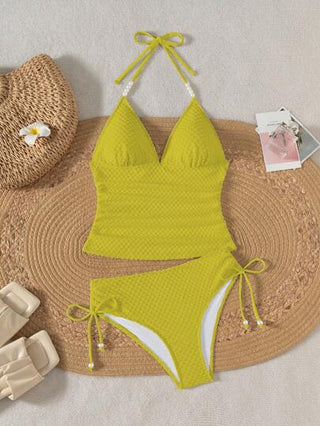 طقم تانكيني حريمي Swim Vcay بكيني نسائي ملابس علوية سباغيتي بأربطة قابلة للسحب ومزين بخرز ذو نسيج مُبقَّع وبياقة مُضفَّرة، مناسب لإطلالات الشاطئ والعطلات