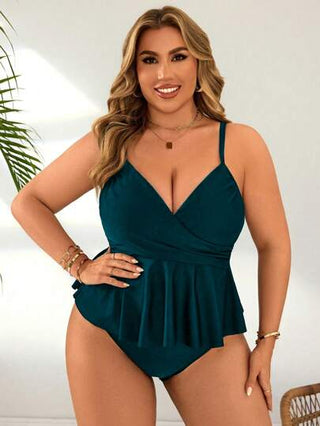 Swim Chiccia للمرأة بالحجم الكبير مجموعة سباحة من قطعتين بلون أحادي بحافة منجدلة وربطة متقاطعة للخصر