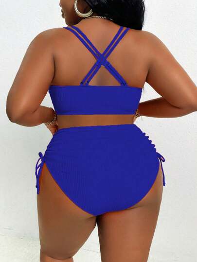 Slaydiva قطعتان بحجم كبير للسيدات، ملابس علوية سباحة صلبة اللون مع أربطة متقاطعة على الصدر ومع موديل كلاسيكي عالي الخصر، طقم ملابس سباحة أنيق وجذاب