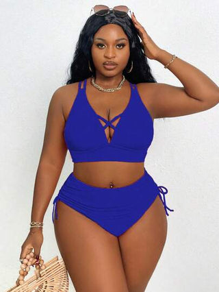 Slaydiva قطعتان بحجم كبير للسيدات، ملابس علوية سباحة صلبة اللون مع أربطة متقاطعة على الصدر ومع موديل كلاسيكي عالي الخصر، طقم ملابس سباحة أنيق وجذاب