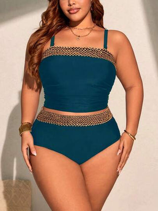Swim Chiccia مجموعة بحجم كبير 2 قطعة للنساء، توب كروب متباين النسيج وشورت مثلث متباين النسيج بخصر عالٍ ، بكيني، بسيط للأجازات واليومي