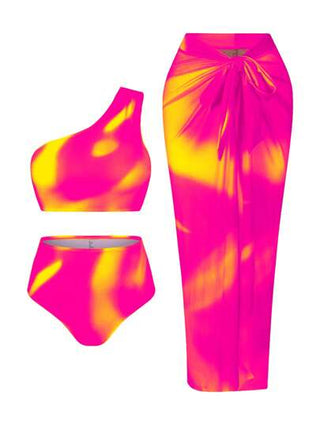 Swim Oasis أوازيس مجموعة 3 قطع للمرأة البدينة: ملابس علوية كتف واحد بطباعة أومبير مكرمشة باللون الأصفر، سراويل خصر عالي، تنورة مطبوعة بتصميم أومبير من شبكة