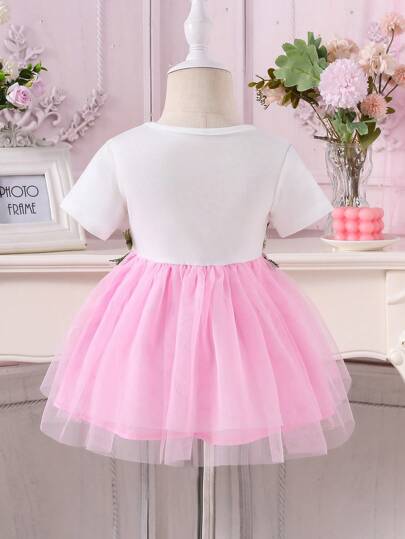 فساتين بيبي Glamorique Kids فستان بناتي بطبعات أزهار وأرنب وشبكة خيشية باللون البنفسجي, ربيع/صيف