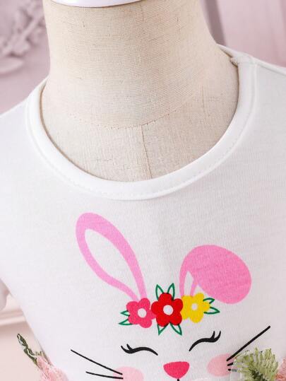 فساتين بيبي Glamorique Kids فستان بناتي بطبعات أزهار وأرنب وشبكة خيشية باللون البنفسجي, ربيع/صيف