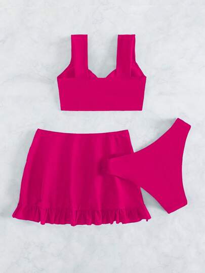 SHEIN Swim بكيني مكون من 2 قطع بتصميم ملتف ذو لون أحادي للنساء مع غطاء وتنورة صغيرة للشاطئ في فصل الصيف