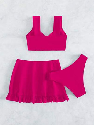 SHEIN Swim بكيني مكون من 2 قطع بتصميم ملتف ذو لون أحادي للنساء مع غطاء وتنورة صغيرة للشاطئ في فصل الصيف