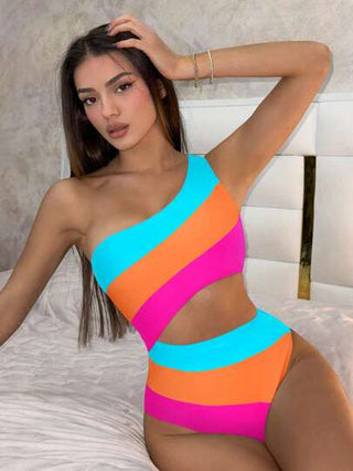 مايوه حريمي قطعة واحدة Swim بدلة سباحة كاملة الحجم، للنساء، بتصميم ذو شريطي ملون، بدون أكمام وبتصميم فتحة مفرغة، للارتداء في العطلات