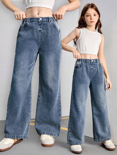 SHEIN بناطيل جينز للفتيات المراهقات بقصة ساق مستقيمة مريحة بغسل فاتح، ملائمة وعصرية للارتداء اليومي الكاجوال