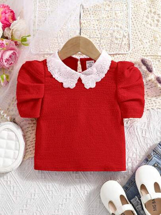 SHEIN ملابس علوية بياقة بيتر بان الأحمر الجميل للبنات الصغيرات، صالح للاستخدام الصيفي