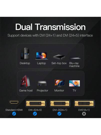 محول VENTION DVI (24+1)، إلى محول DVI (24+1) عالي الدقة، 1080 بكسل @ 60 هرتز، مناسب لأجهزة مثل أجهزة الكمبيوتر المكتبية، الحواسيب المحمولة، مربعات التلفزيون، التلفزيونات، أجهزة العرض، الشاشات