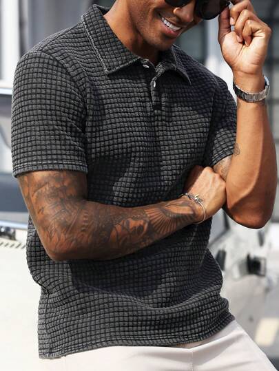 Manfinity Homme قميص بولو كاجوال مع خطوط مغسول أكمام قصيرة للرجال