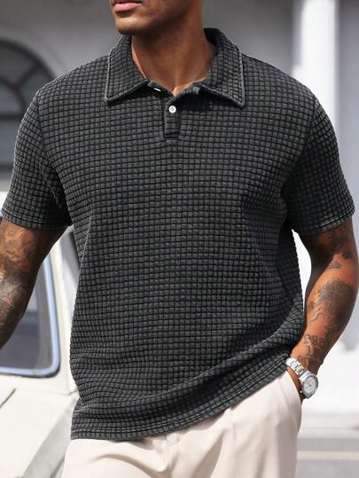 Manfinity Homme قميص بولو كاجوال مع خطوط مغسول أكمام قصيرة للرجال