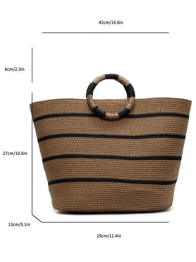 حقيبة كبيرة السعة منسوجة من القش، حقيبة يد عصرية متعددة الاستخدامات للنساء، حقيبة تسوق ذات نمط مخطط، حقيبة يد كبيرة الحجم، مناسبة للربيع والصيف