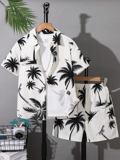 SHEIN مجموعة 2 قطعة من القميص الأزهار الهاواي والشورت بطراز كاجوال كوليج، مناسبة للمدرسة والتنقل والحياة اليومية والرياضة، للربيع والصيف