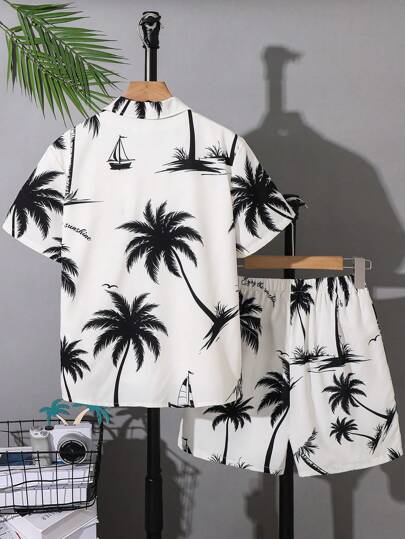 SHEIN مجموعة 2 قطعة من القميص الأزهار الهاواي والشورت بطراز كاجوال كوليج، مناسبة للمدرسة والتنقل والحياة اليومية والرياضة، للربيع والصيف