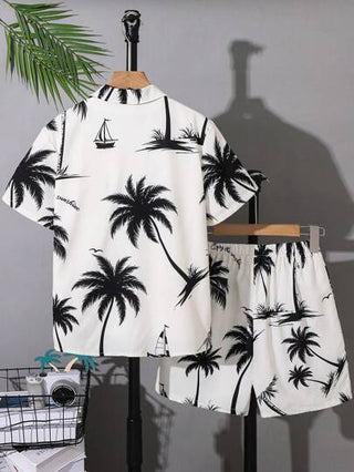 SHEIN مجموعة 2 قطعة من القميص الأزهار الهاواي والشورت بطراز كاجوال كوليج، مناسبة للمدرسة والتنقل والحياة اليومية والرياضة، للربيع والصيف
