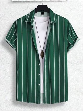 Manfinity Homme قميص كاجوال بأكمام قصيرة للرجال بطباعة مخططة ، ملون وعادي، بدون قميص داخلي، هدية للصديق، قميص مخطط للرجال بلون أزرق ملكي