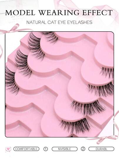 10 أزواج من رموش صناعية قصيرة ناعمة ثلاثية الأبعاد طراز القطة ذات شريط شفاف، رموش صناعية ناعمة وطبيعية للمكياج
