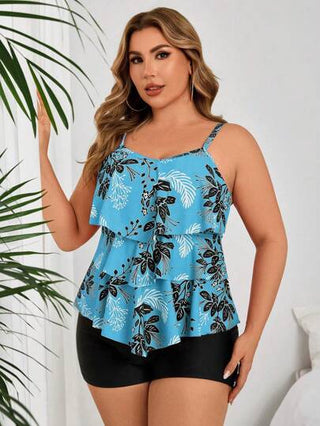 Swim Lushoire مجموعة بمقاسات كبيرة للسيدات مكونة من 2 قطعة، بكشكشة متداخلة على شكل هلتر وشورت بنمط أزهار برتقالي وأسود للبكيني والملابس السباحة