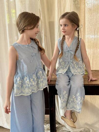 تيشيرتات بناتي مجموعة من قطعتين (سترة ملساء رقبة دائرية مزخرفة منسوجة وبنطلون فضفاض كاجوال) للفتاة الصغيرة