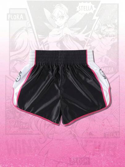 ROMWE MEN Winx Club X ROMWE شورتات رياضية للرجال بطباعة كرتونية ملونة وخصر مرن، شورتات للملاكمة/كرة السلة