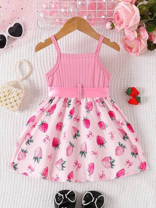 فساتين بيبي فستان بناتي صيفي جديد لعام 2025 على شكل قلب مع رقبة مكشكشة وطبعات ريبد باللون الأحمر، بسيط وأنيق، لطيف وحلو، فستان بحمالات