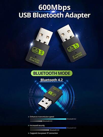 KZ محول USB للواي فاي والبلوتوث 2 في 1 سرعة 600 ميجابت في الثانية للنطاق المزدوج 2.4 جيجاهرتز و5 جيجاهرتز، محول لاسلكي عالي السرعة لبطاقة شبكة لأجهزة الكمبيوتر المحمول والكمبيوتر الشخصي
