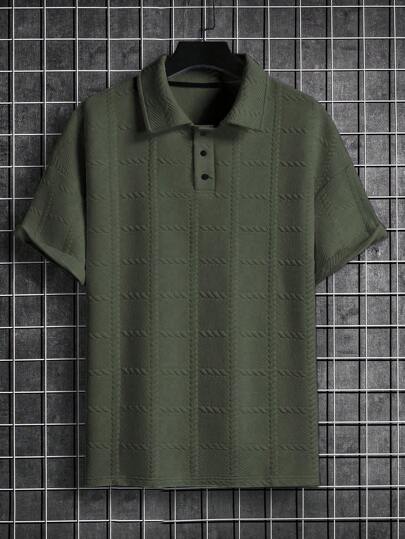 Manfinity Homme قميص بولو كاجوال بأكمام قصيرة أحادي اللون منسوج للرجال، صيفي