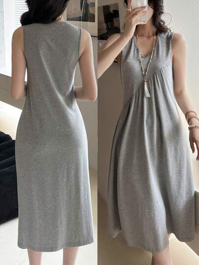 EMERY ROSE فستان صيفي كاجوال للنساء بدون أكمام ذو موحد اللون