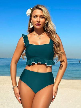 طقم تانكيني حريمي Swim Vcay طقم ملابس سباحة رياضية للنساء بفيونكة رقبة مربعة مع كشكش