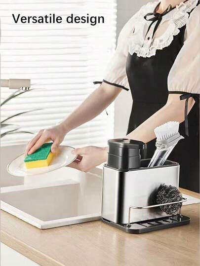 قطعة واحدة منصة تخزين موزع الصابون لحوض المطبخ، حامل إسفنج 3 في 1 لحوض المطبخ، منظم حوض المطبخ من الفولاذ المقاوم للصدأ، رف تصريف الأطباق، صابون غسل الأطباق، فرشاة تنظيف، إسفنجة،كرة تنظيف، رف تخزين الأدوات والفرش المطبخ، عيد الأم
