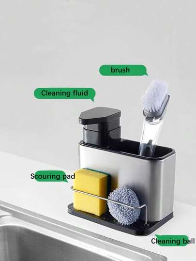 قطعة واحدة منصة تخزين موزع الصابون لحوض المطبخ، حامل إسفنج 3 في 1 لحوض المطبخ، منظم حوض المطبخ من الفولاذ المقاوم للصدأ، رف تصريف الأطباق، صابون غسل الأطباق، فرشاة تنظيف، إسفنجة،كرة تنظيف، رف تخزين الأدوات والفرش المطبخ، عيد الأم
