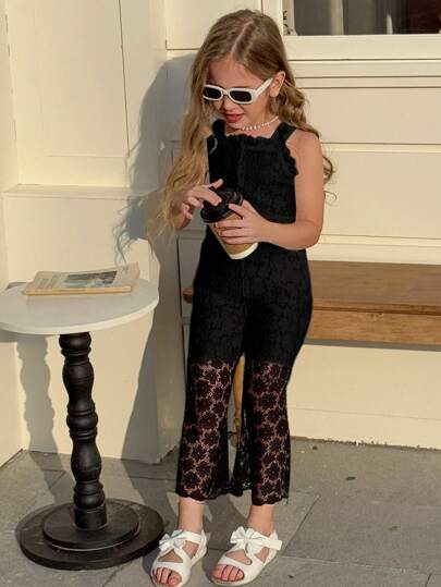 مجموعة من قطعتين: ملابس علوية بحمالات رفيعة من الدانتيل بلا أكمام + بنطلون محصور من الدانتيل للفتيات الشابات، طراز عصري وحلو، إصدار جديد لربيع/صيف