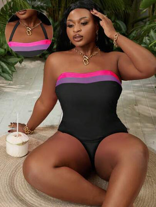 SHEIN Slayr CURVE بيكيني من قطعتين مع لون متباين ، بانديو مناسب لأحجام كبيره، ملابس سباحة عطلة الشاطئ ذات مرونة عالية