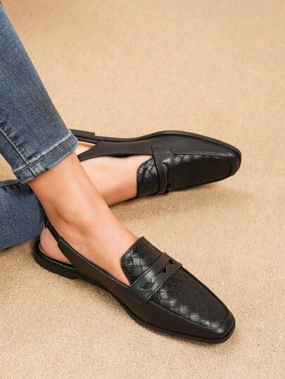 أحذية نسائية بنقشة محبوكة ذات أصبع مربع مسطحة بطراز أنيق وبلطي، متعددة الاستخدامات وراحة بدون ظهر لوفر قبلاني
