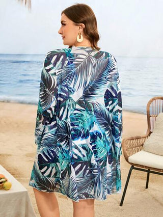 SHEIN Swim Curve مجموعة بيكيني رباط مطبوع عشوائي مقاس كبير للنساء 3 قطع مع كيمونو كاردجان ذو أكمام طويلة، ملابس سباحة كاجوال عصرية للشاطئ