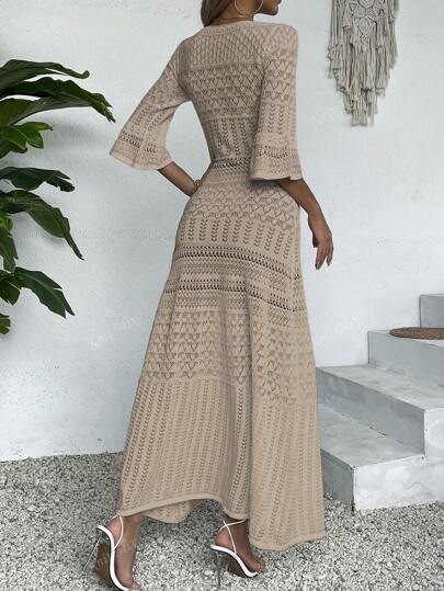 Knit Mix فستان كاجوال متوسط الطول ذو رقبة على شكل حرف V مفرغة للأكمام الطويلة، طباعة الأزهار عشوائية، مناسب لارتداء الربيع والصيف في العطلات