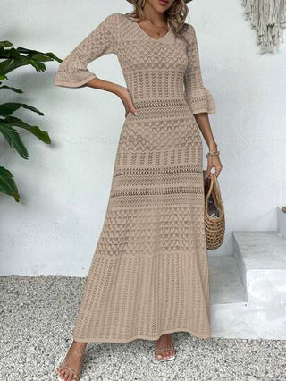 Knit Mix فستان كاجوال متوسط الطول ذو رقبة على شكل حرف V مفرغة للأكمام الطويلة، طباعة الأزهار عشوائية، مناسب لارتداء الربيع والصيف في العطلات