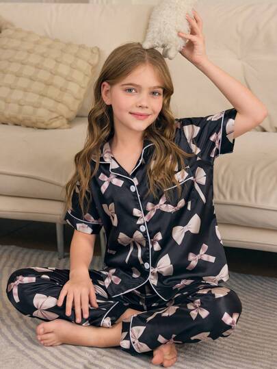 مايوه حريمي قطعة واحدة مجموعة بنات مكونة من قطعتين تشمل كارديجان بياقة بولو مطبوع بالفراشة السوداء والشريط والبنطال الكاجوال منزلي / بيجاما