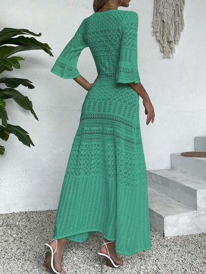 Knit Mix فستان كاجوال صيفي نسائي بياقة على شكل حرف V وأكمام طويلة ومتوسط الطول مطرز بورود، موسم الربيع/الصيف (النقش قد يختلف)