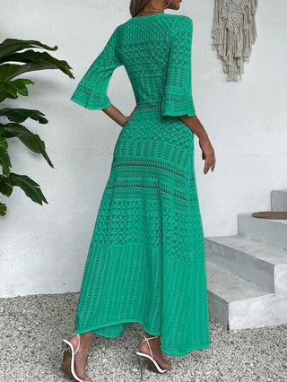 Knit Mix فستان كاجوال صيفي نسائي بياقة على شكل حرف V وأكمام طويلة ومتوسط الطول مطرز بورود، موسم الربيع/الصيف (النقش قد يختلف)