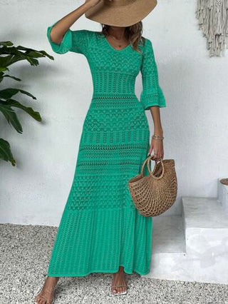Knit Mix فستان كاجوال صيفي نسائي بياقة على شكل حرف V وأكمام طويلة ومتوسط الطول مطرز بورود، موسم الربيع/الصيف (النقش قد يختلف)