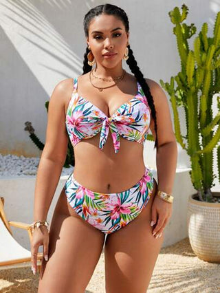 Swim Lushoire 2 قطعة مجموعة بكيني للنساء ذوات الأحجام الكبيرة، طبعة زهرية مع حمالة قابلة للتعديل، سلك دعم، وأسفل فائق الارتفاع مزين بعقدة