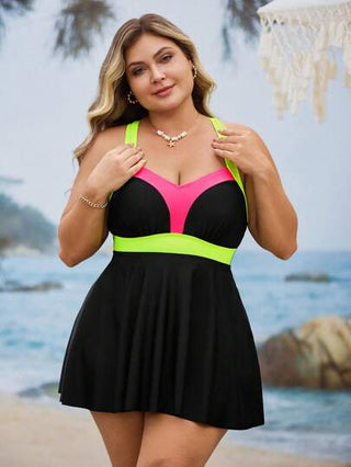 Swim Lushoire طقم من قطعتين للمرأة كبيرة الحجم، توب كروب ملون وشورت على شكل حرف A، ملابس سباحة، ملابس صيفية كاجوال للعطلات الشاطئية
