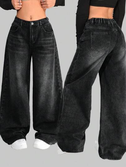 SHEIN جينز فضفاض بارتفاع خصر منخفض، بتصميم غسيل رمادي كلاسيكي، بجيوب مائلة، ملابس عادية بساق واسع للفتيات، ملابس الشارع