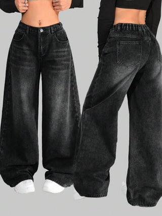 SHEIN جينز فضفاض بارتفاع خصر منخفض، بتصميم غسيل رمادي كلاسيكي، بجيوب مائلة، ملابس عادية بساق واسع للفتيات، ملابس الشارع